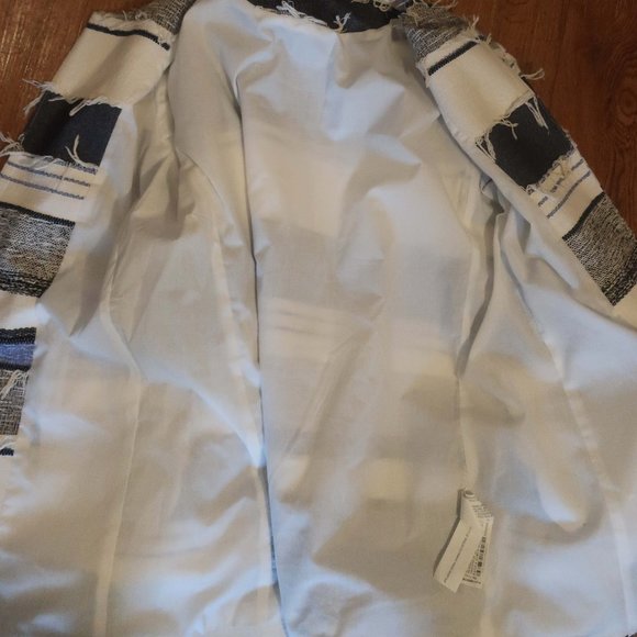 Womens Zara Basic Rustic Blue White Fringe Open Mid-Length Jacket L * - Picture 11 of 13